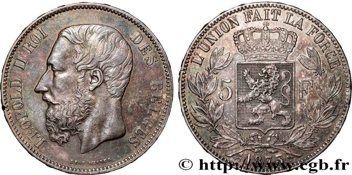 BELGIQUE - ROYAUME DE BELGIQUE - LÉOPOLD II 5 Francs  1873  EBC 
