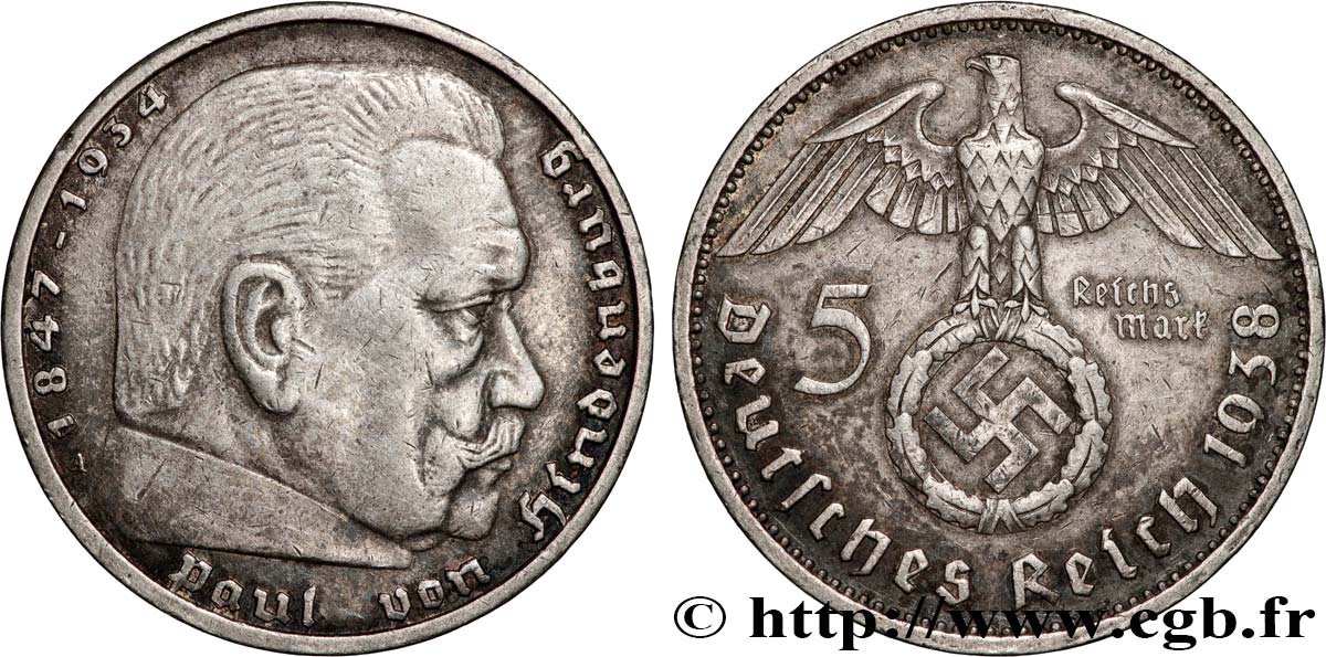 ALLEMAGNE 5 Reichsmark Maréchal Paul von Hindenburg 1938 Berlin TTB+ 