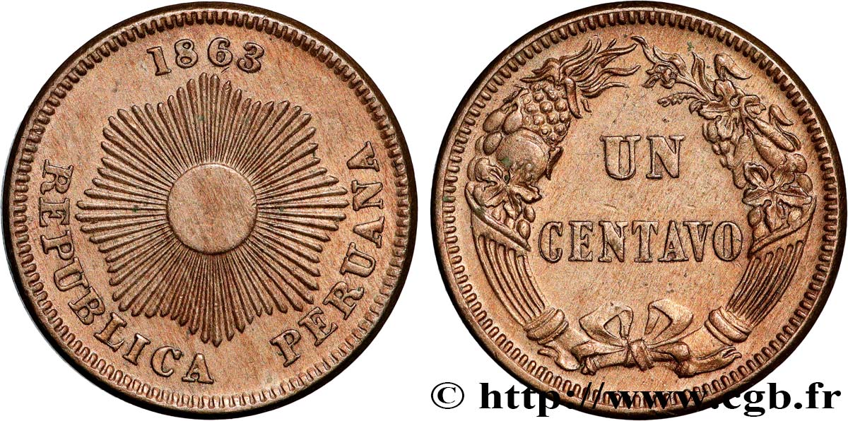 PERU 1 Centavo 1863  SPL 