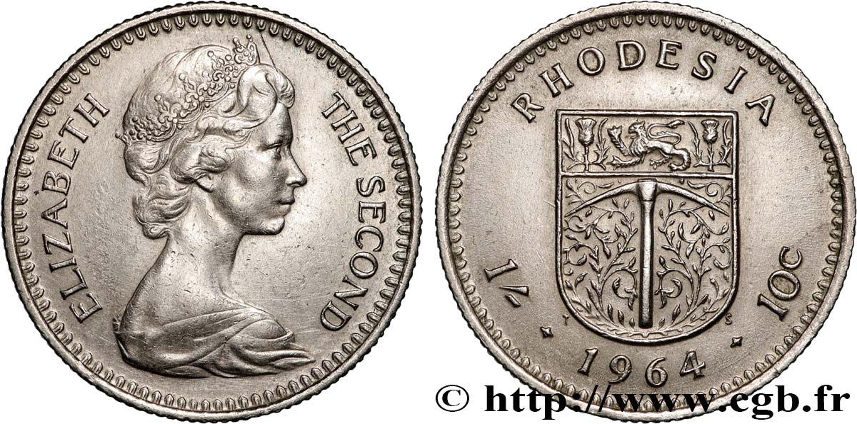 RHODÉSIE 1 Shilling  (10 Cents) Elisabeth II / blason 1964 Pretoria SUP 