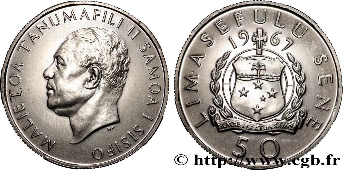 SAMOA Ouest 50 Sene roi Malietoa Tanumafili II 1967 Royal Mint SUP 