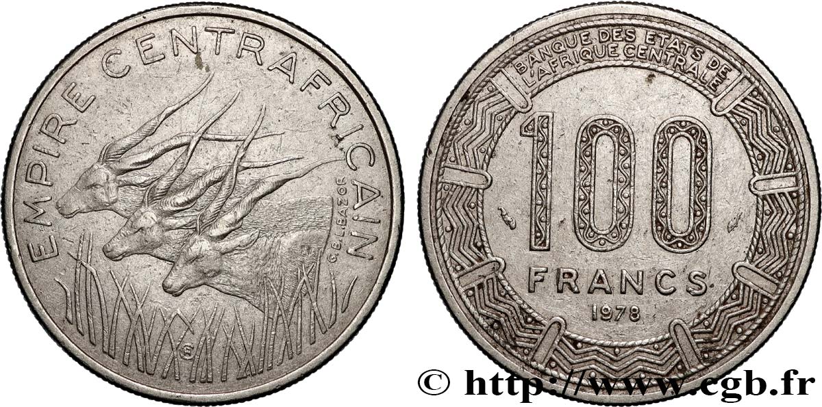 CENTRAL AFRICAN REPUBLIC 100 Francs “Empire Centrafricain” antilopes 1978 Paris XF 