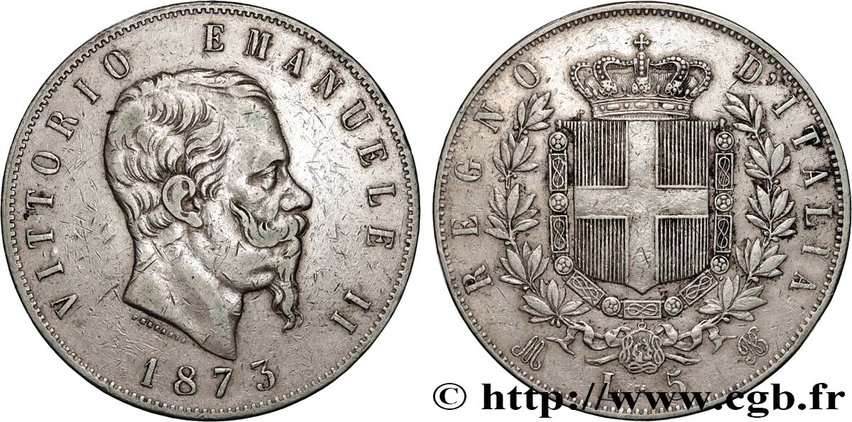 ITALIE 5 Lire Victor Emmanuel II 1873 Milan TTB 
