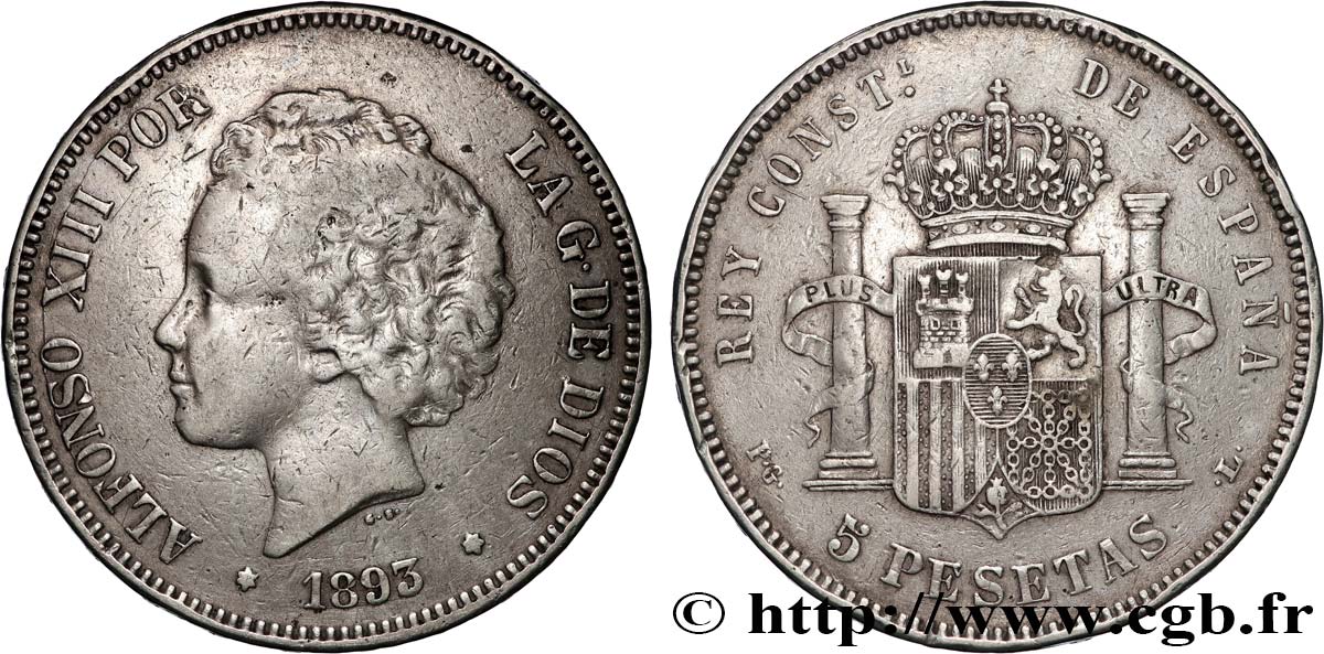 ESPAÑA 5 Pesetas Alphonse XIII 2e type 1893 Madrid BC+ 