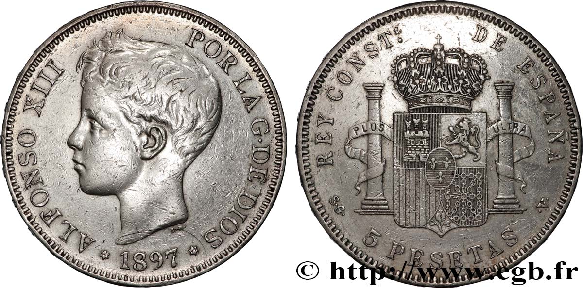 ESPAÑA 5 Pesetas Alphonse XIII 3e type 1897 Madrid MBC 