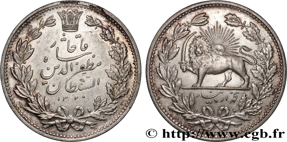 IRAN 5000 Dinars (5 Kran) frappe pour Muzaffar al-Din Shah AH 1320 (1902)  SPL 