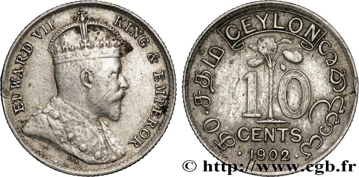 CEYLON 10 Cents Édouard VII 1902  XF 