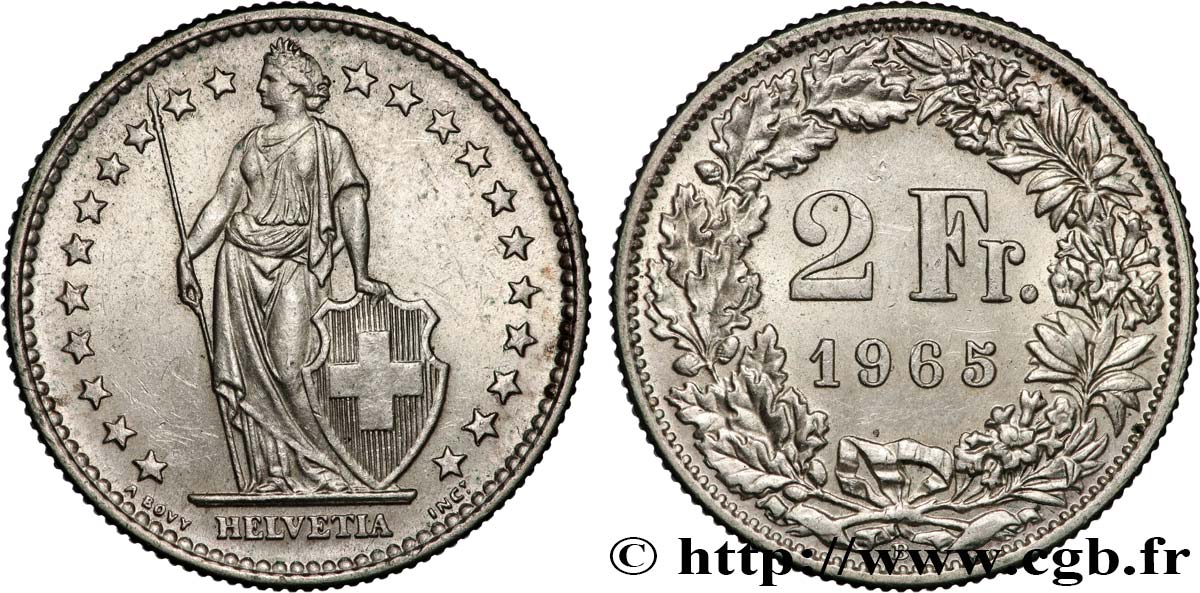 SWITZERLAND 2 Francs Helvetia 1965 Berne AU 