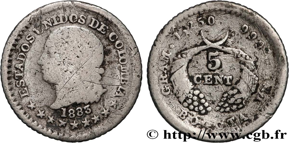 COLOMBIE 5 Centavos tête de la Liberté 1883 Bogota TB 