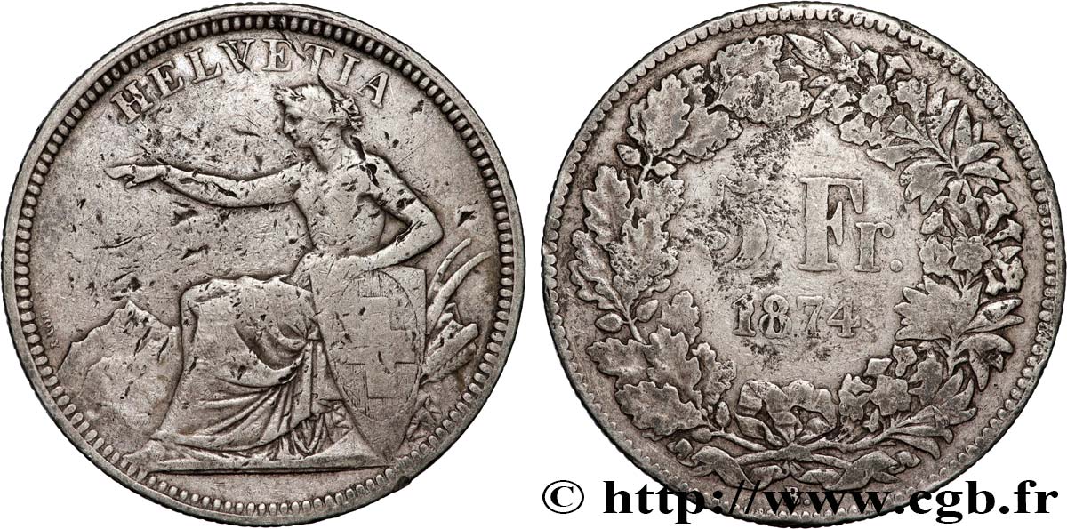 SUIZA 5 Francs Helvetia assise 1874 Bruxelles BC 