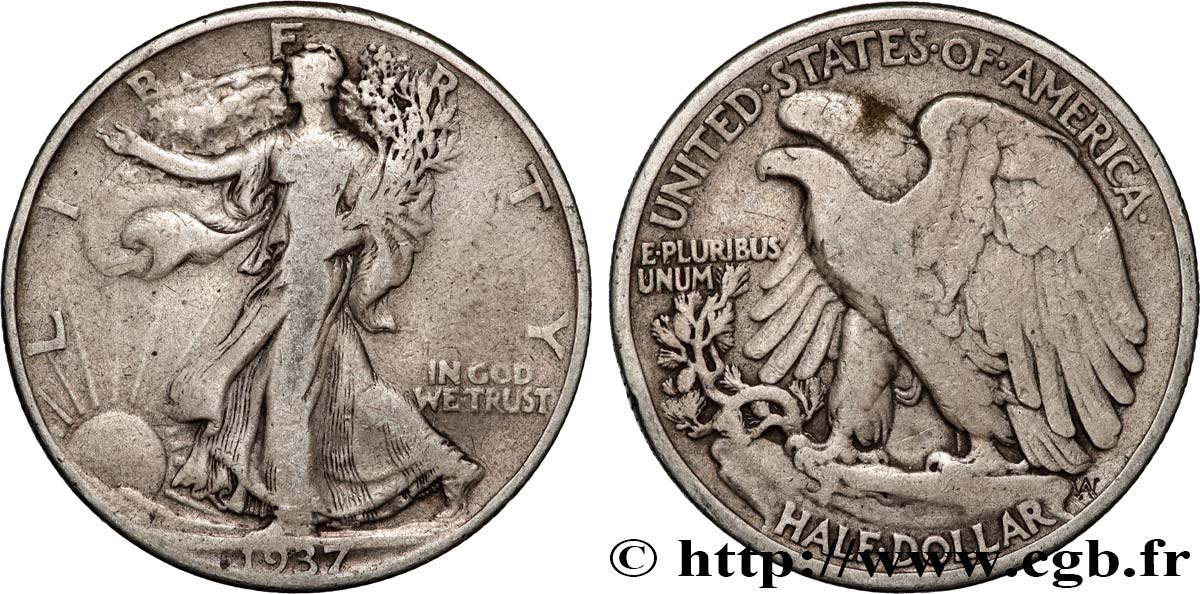 ÉTATS-UNIS D AMÉRIQUE 1/2 Dollar Walking Liberty 1937 Philadelphie TB 