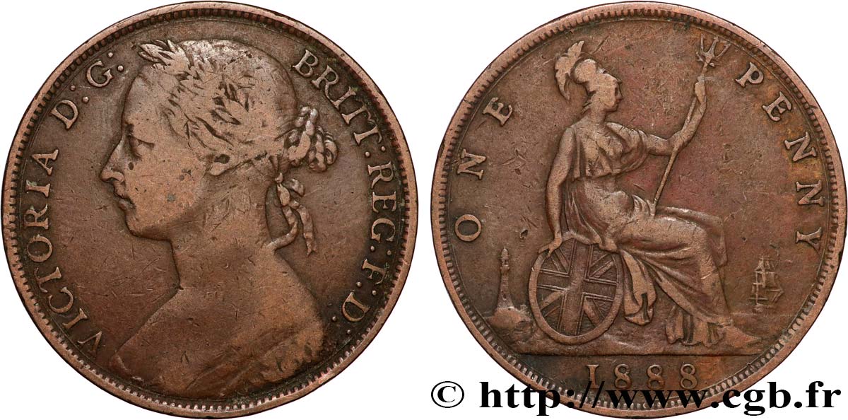 UNITED KINGDOM 1 Penny Victoria “Bun Head” 1888  VF 
