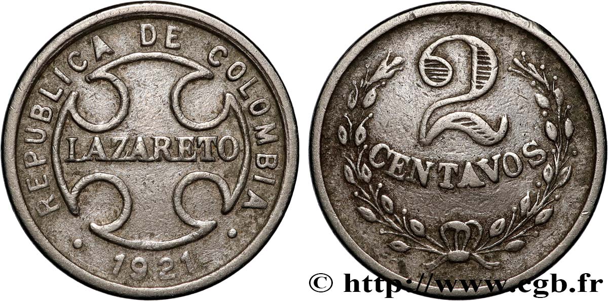 COLOMBIE 2 Centavos - monnaie de léproserie 1921 Birmingham TTB 