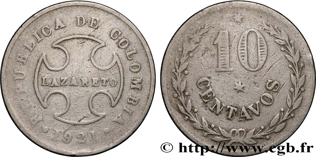 COLOMBIA 10 Centavos - monnaie de léproserie 1921 Birmingham VF 