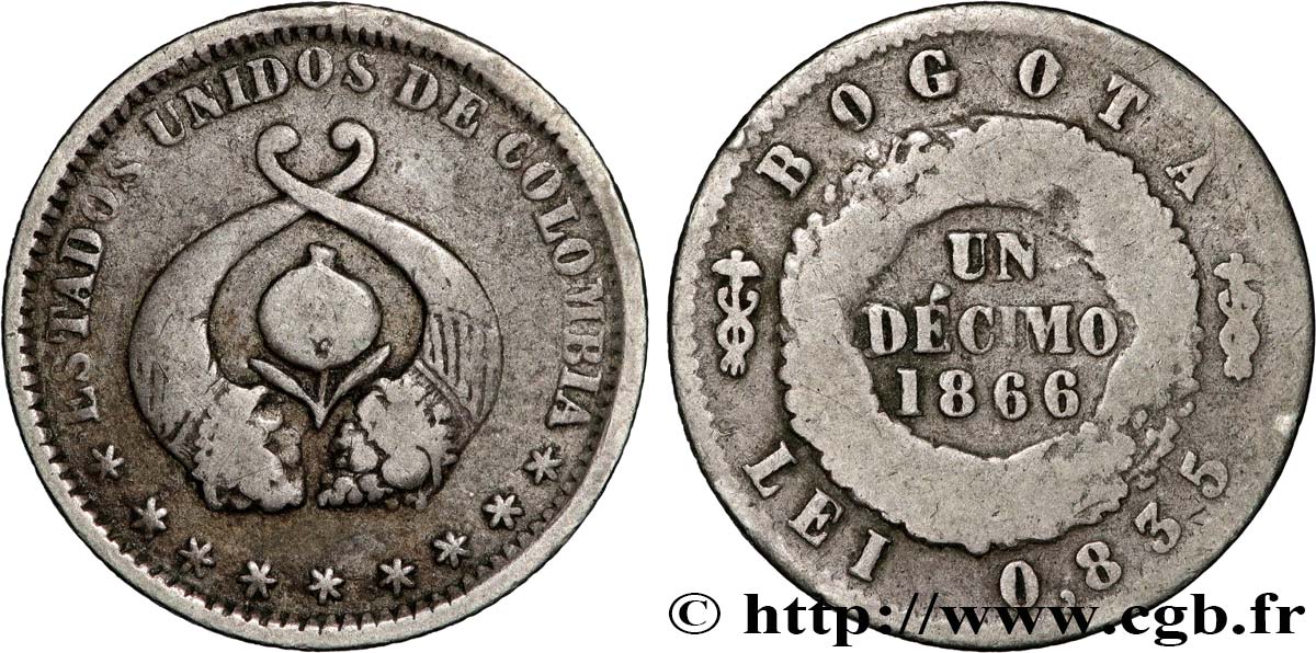 COLOMBIA 1 Decimo 1866 Bogota VF 