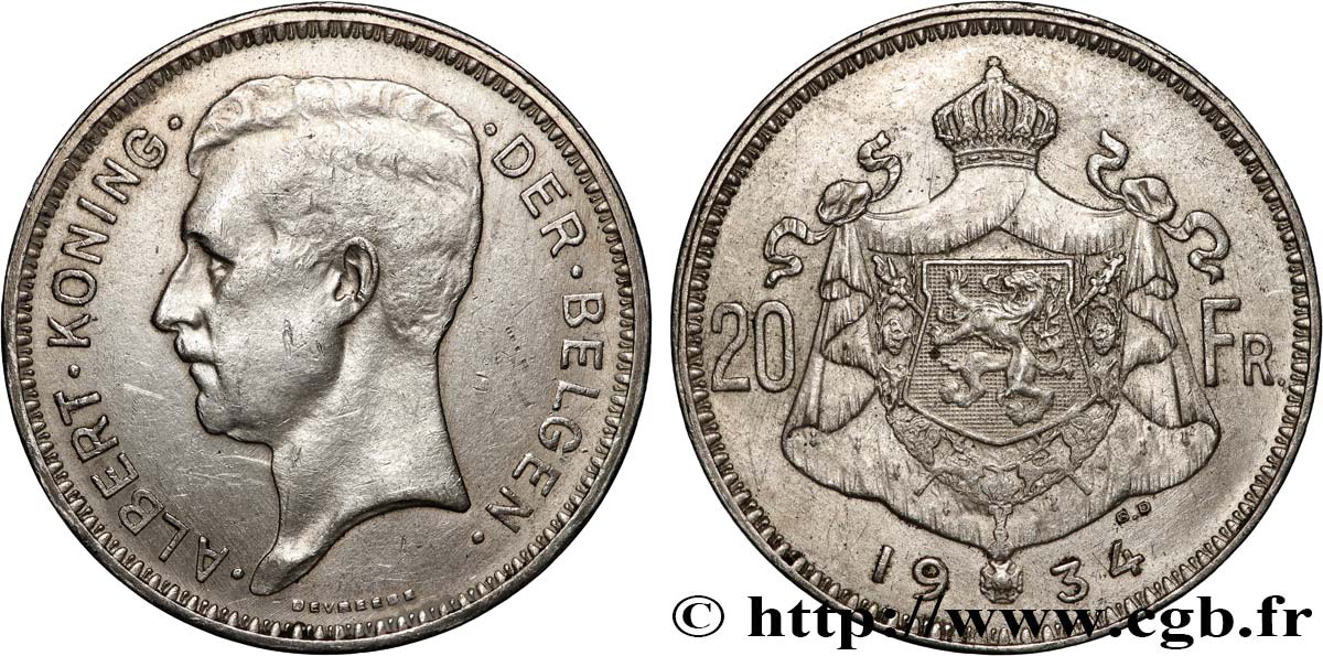 BELGIEN 20 Francs Albert Ier légende Flamande 1934  fSS 