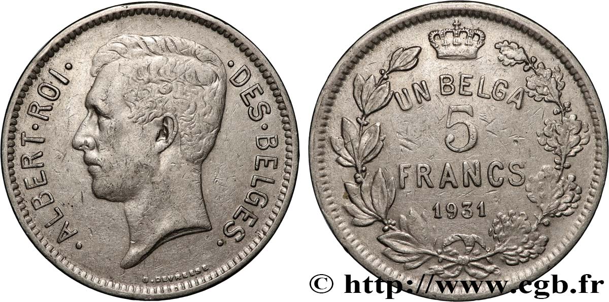 BELGIQUE 5 Francs - 1 Belga Albert Ier légende Française 1930  TTB 