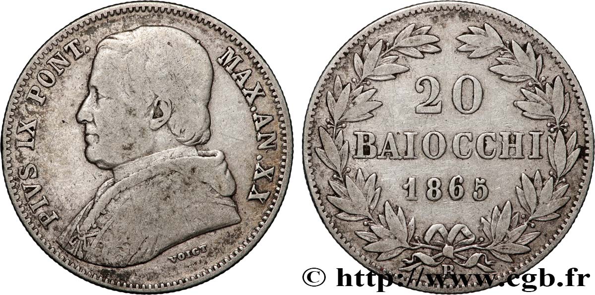 ITALIE - ÉTATS DU PAPE - PIE IX (Jean-Marie Mastai Ferretti) 20 Baiocchi an XX 1865 Rome TB 