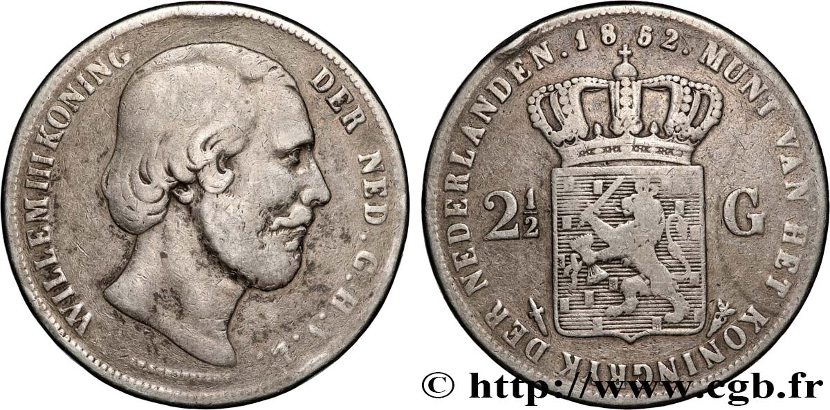 NETHERLANDS 2 1/2 Gulden Guillaume III 1852 Utrecht VF 