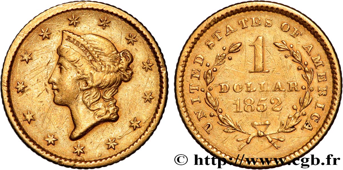 ÉTATS-UNIS D AMÉRIQUE 1 Dollar Or  Liberty head  1er type 1852 Philadelphie fVZ 