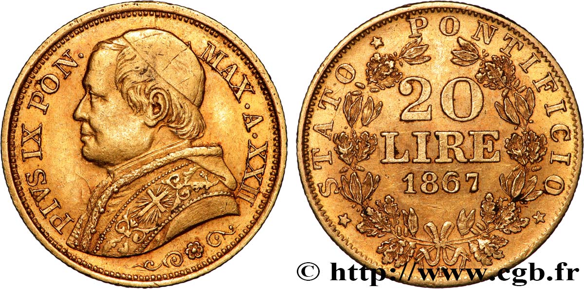 VATICANO Y ESTADOS PONTIFICIOS 20 Lire Pie IX An XXII 1867 Rome MBC/MBC+ 