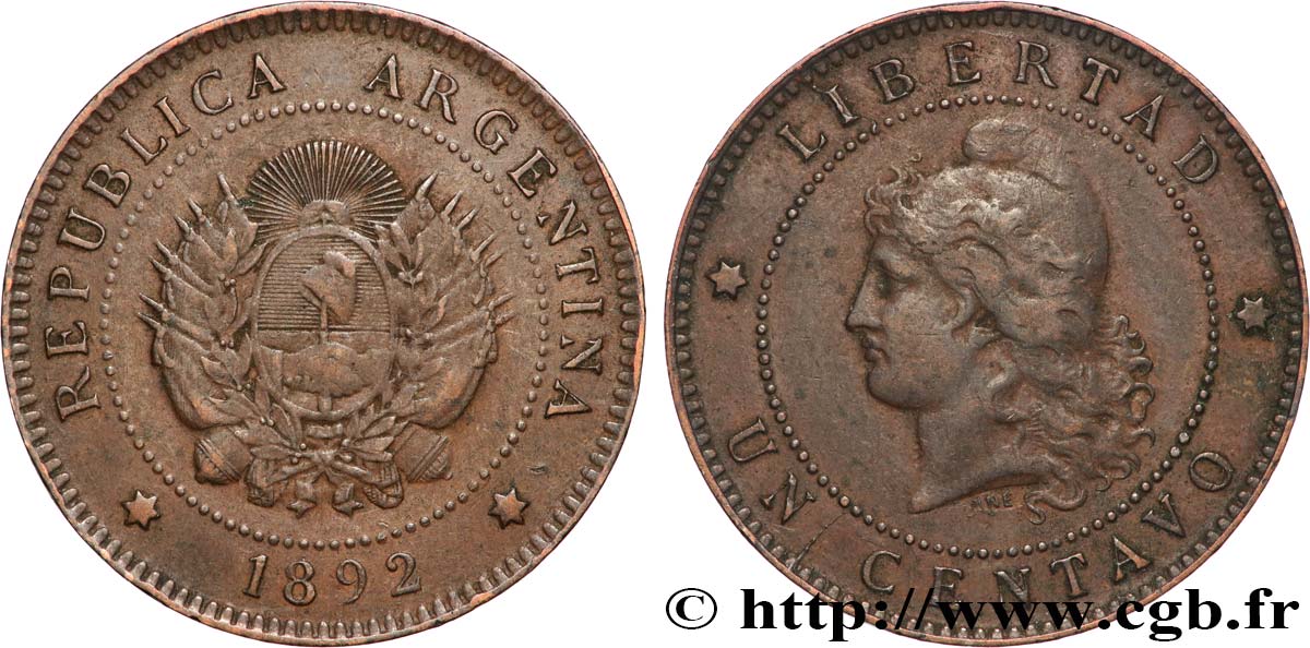 ARGENTINA 1 Centavo 1892  XF 