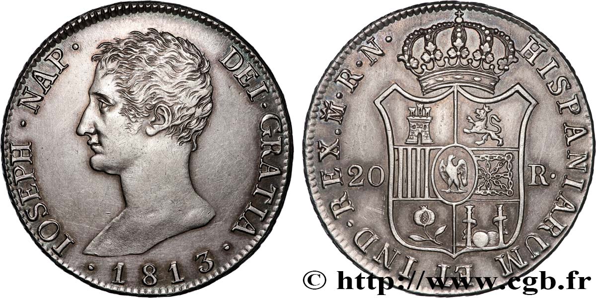 SPAIN - KINGDOM OF SPAIN - JOSEPH NAPOLEON 20 Reales ou 5 Pesetas 1813 Madrid AU 