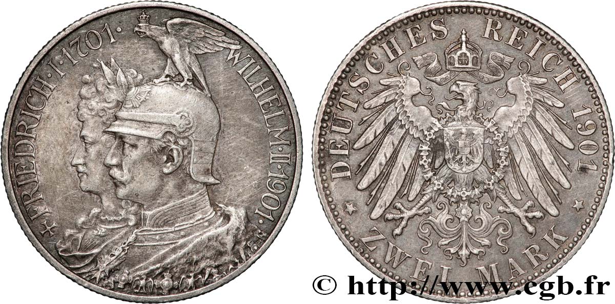 ALLEMAGNE - PRUSSE 2 Mark Guillaume II 200e anniversaire de la Prusse 1901 Berlin TTB+ 