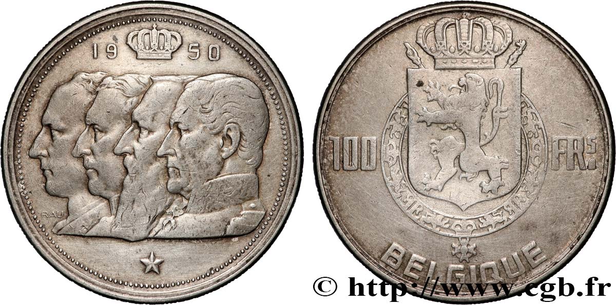 BELGIQUE 100 Francs portraits des quatre rois de Belgique, légende française 1950  TTB 