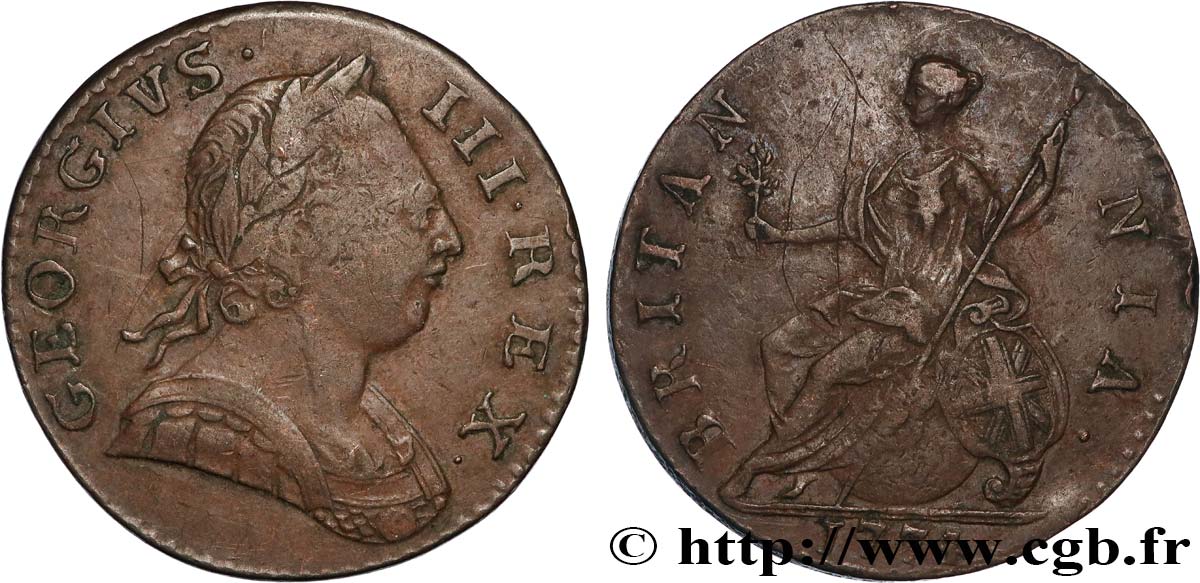 UNITED KINGDOM 1/2 Penny Georges III tête laurée 1774 Londres VF 