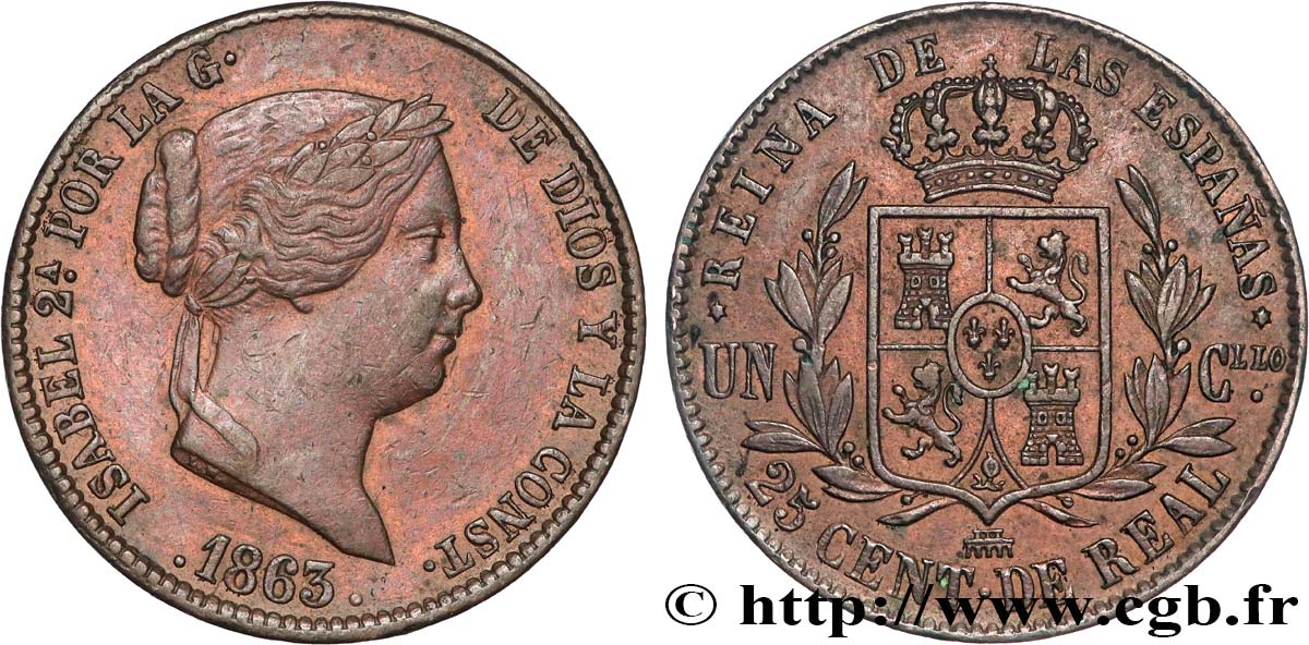ESPAGNE 25 Centimos de Real (Cuartillo) Isabelle II 1863 Ségovie TTB 