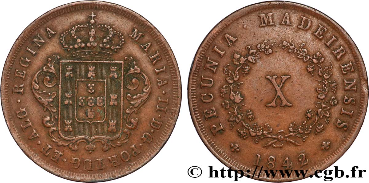 PORTUGAL -MARIE II  10 Réis  1842  XF 