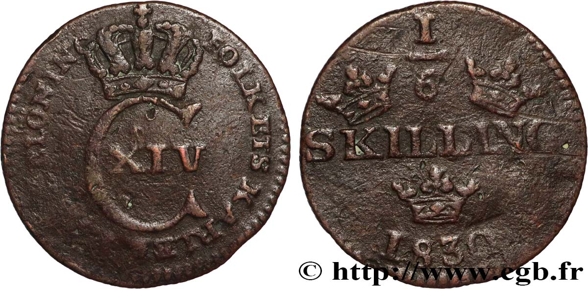 SWEDEN 1/6 Skilling Charles XIV 1830  VF 