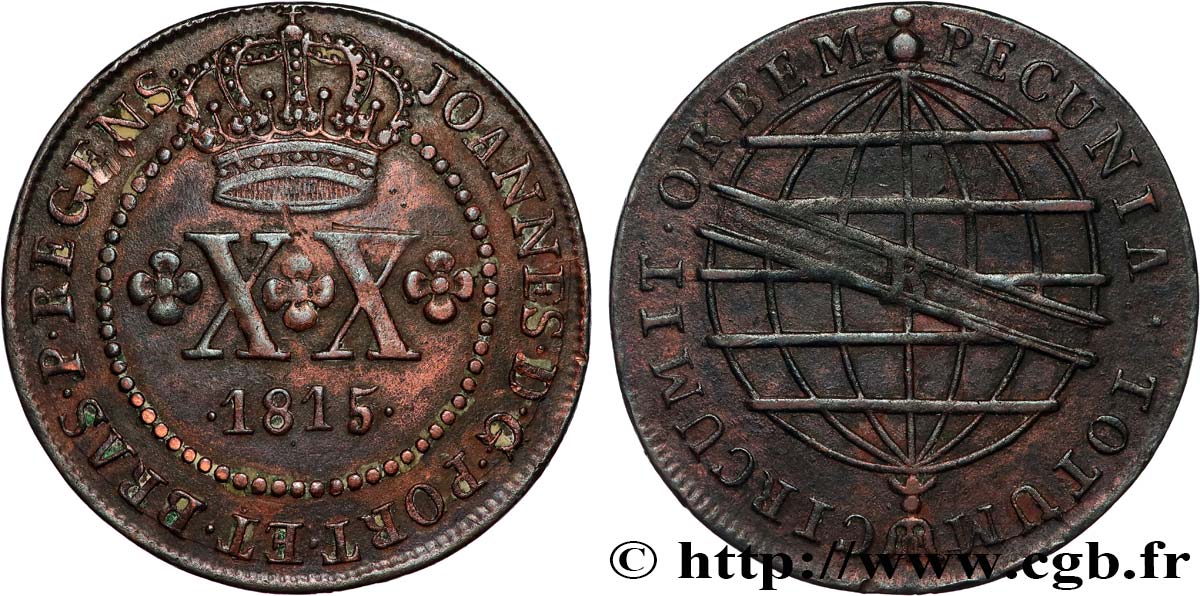 BRAZIL - PRINCE JOHN REGENT 20 Réis 1815 Bahia XF 