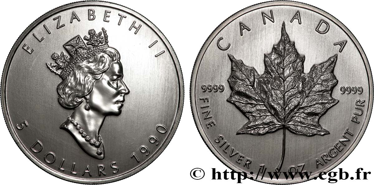 CANADA 5 Dollars (1 once) Proof feuille d’érable 1990  MS 