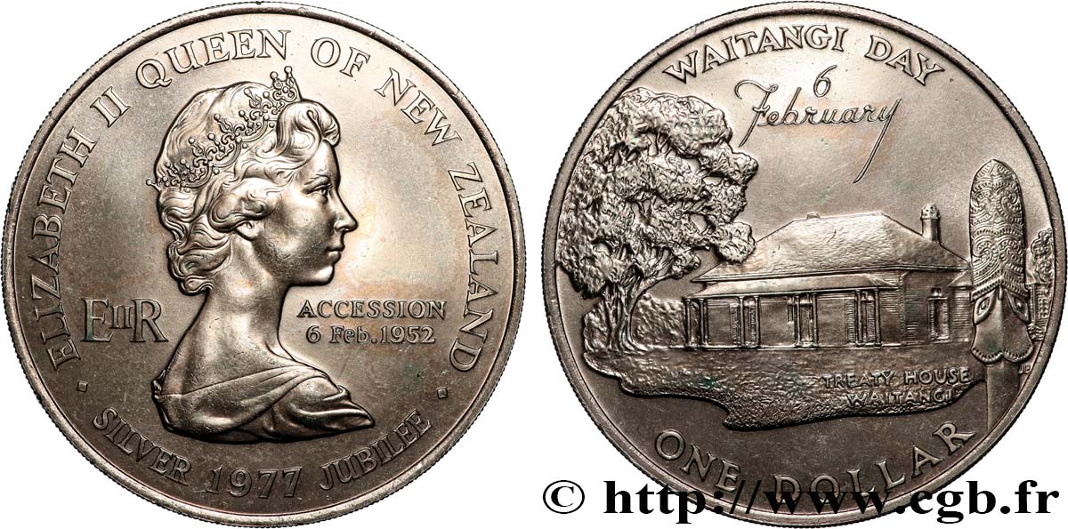 NEW ZEALAND 1 Dollar 25e anniversaire de l’accession d’Elisabeth II et Waitangi Day 1977  AU 