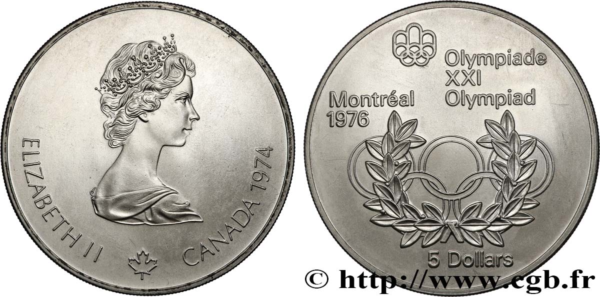 CANADA 5 Dollars Proof JO Montréal 1976 anneaux olympiques / Elisabeth II 1974 Ottawa MS 