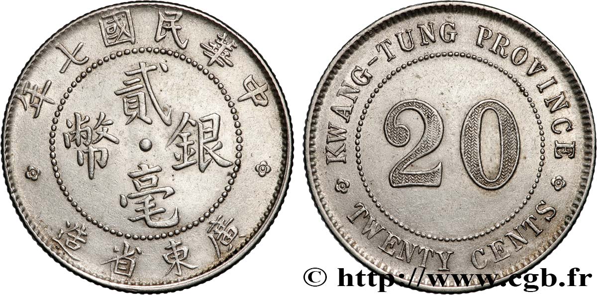 CHINE 20 Cents Province de Kwangtung  an 10 de la République (1921)  TTB+ 