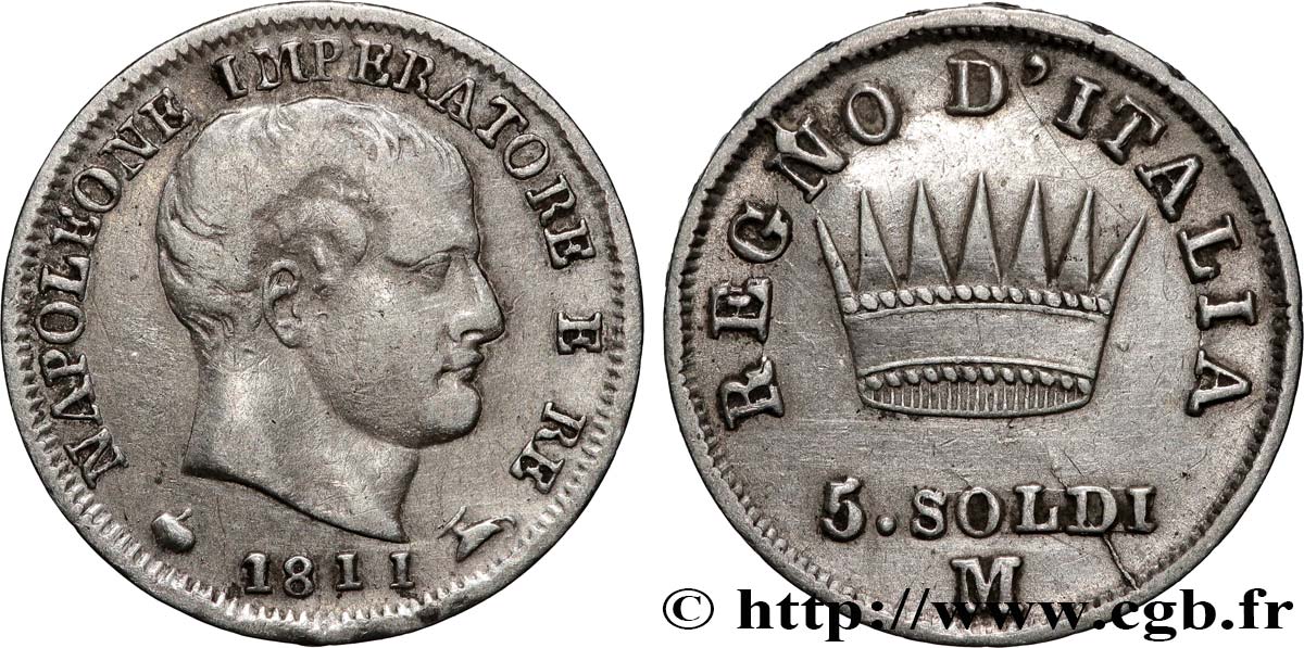 ITALIA - REGNO D ITALIA - NAPOLEONE I 5 Soldi Napoléon Empereur et Roi d’Italie 1811 Milan - M BB 