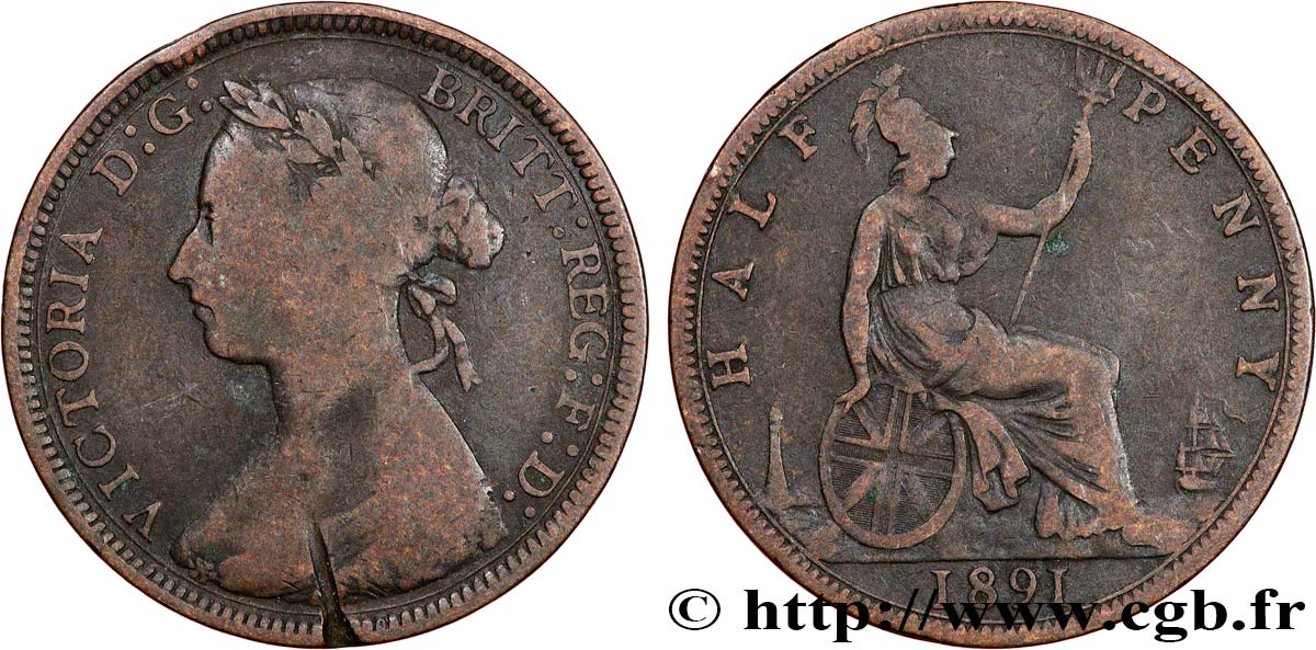 UNITED KINGDOM 1/2 Penny Victoria 1891  VF 