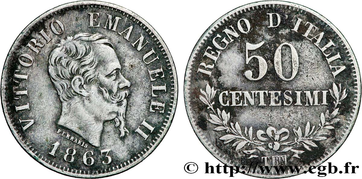 ITALIE 50 Centesimi Victor Emmanuel II 1863 Turin - T TTB 