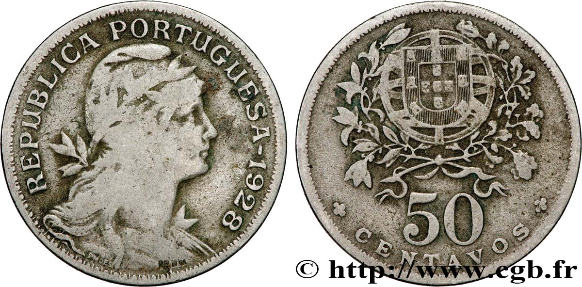 PORTUGAL 50 Centavos 1928  VF 