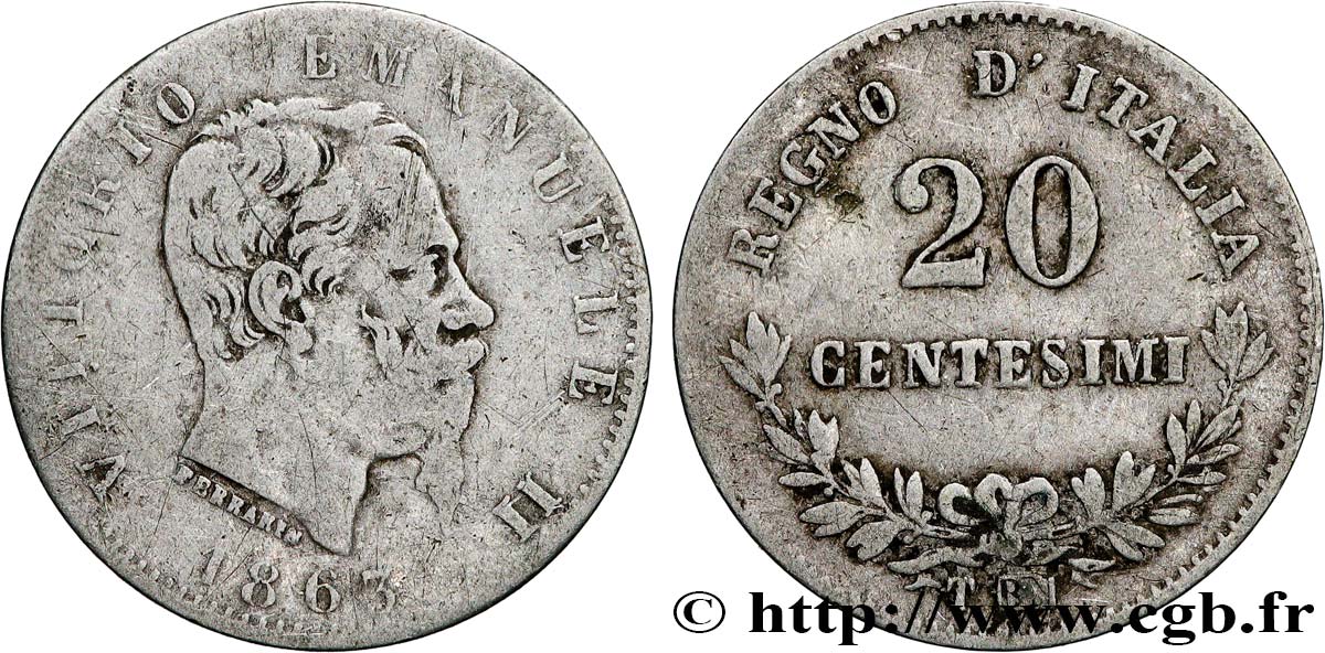 ITALIA 20 Centesimi Victor Emmanuel II 1863 Turin BC+ 