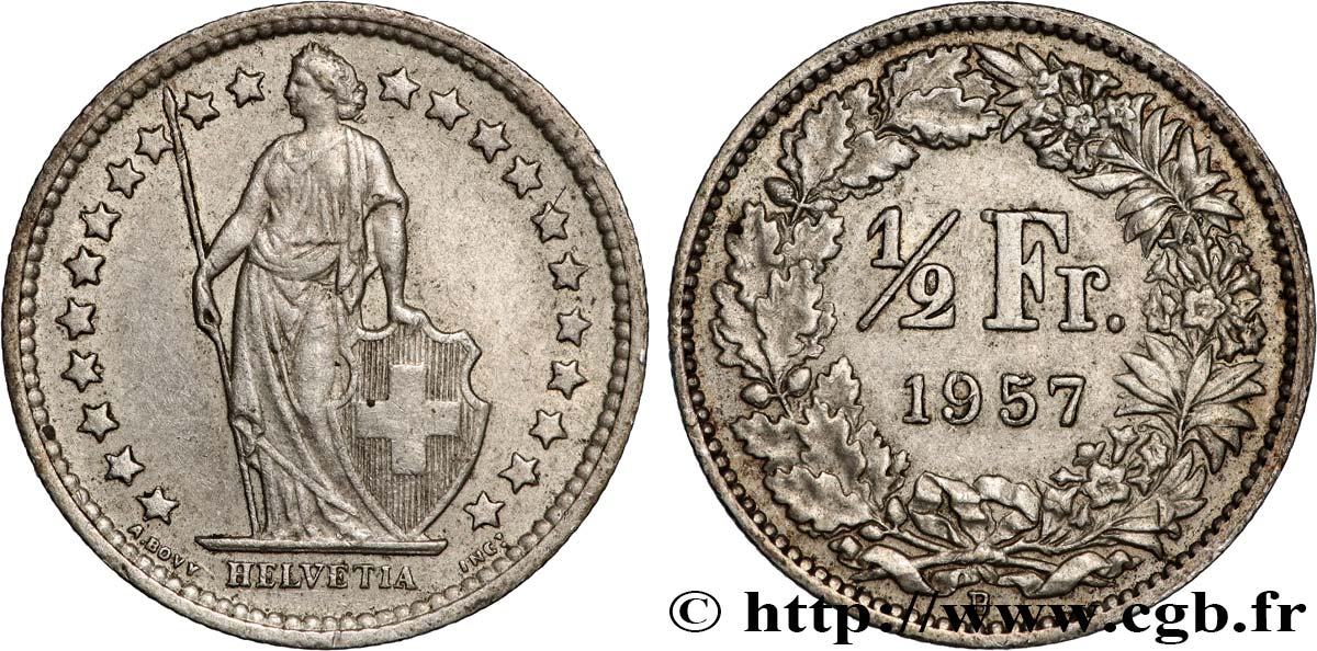 SUISSE 1/2 Franc Helvetia 1957 Berne - B TTB+ 