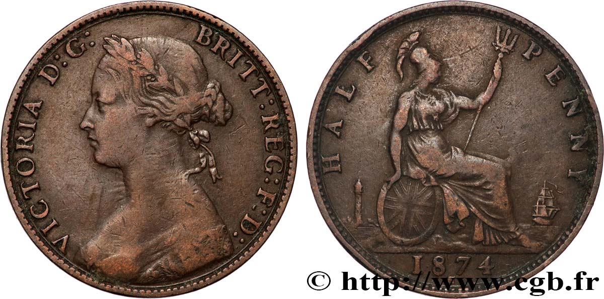 ROYAUME-UNI 1/2 Penny Victoria “Bun Head” 1874 Heaton - H TB+ 