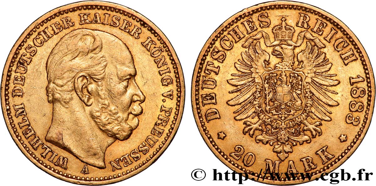 OR, PALLADIUM ET PLATINE INVESTISSEMENT 20 Mark Guillaume Ier, 2e type 1883 Berlin TTB 