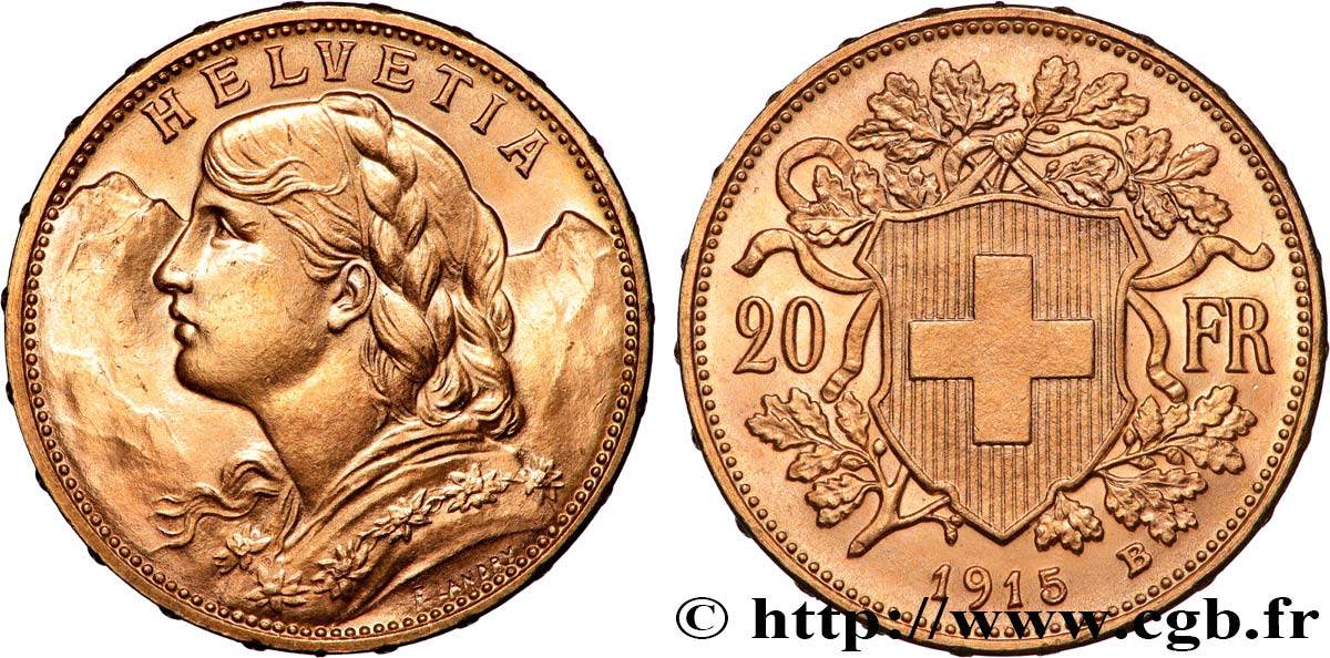 INVESTMENT GOLD 20 Francs  Vreneli   1915 Berne SC 