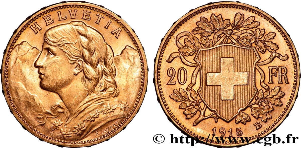 INVESTMENT GOLD 20 Francs  Vreneli   1915 Berne MS 