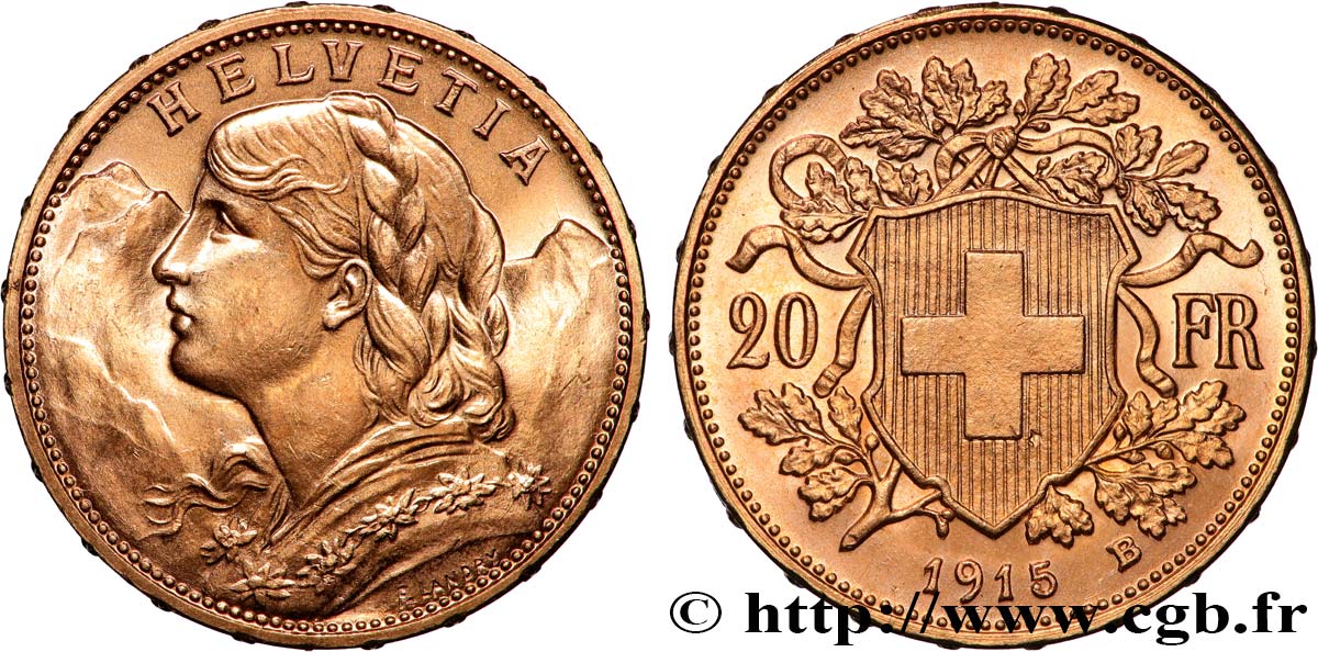 INVESTMENT GOLD 20 Francs  Vreneli   1915 Berne fST 
