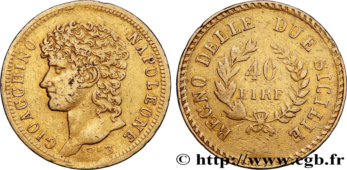 ITALIA - REGNO DI NAPOLI - GIOACCHINO MURAT 40 Lire or, rameaux longs 1813 Naples q.BB 